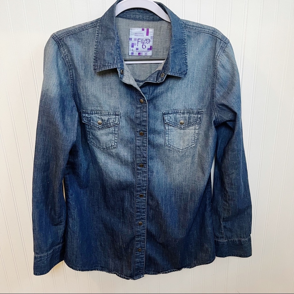 Five & 6 Boyfriend Fit 100% Cotton Snap Button Blue Denim Shirt Size Large